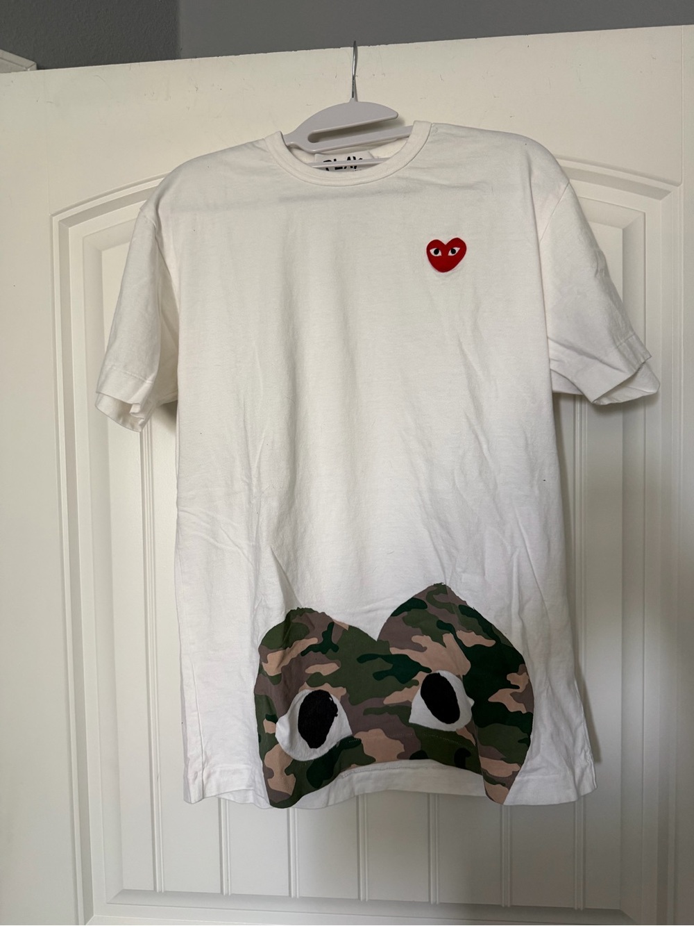 Comme des Garcons White Tee with Red Heart and Green Camo Eyes